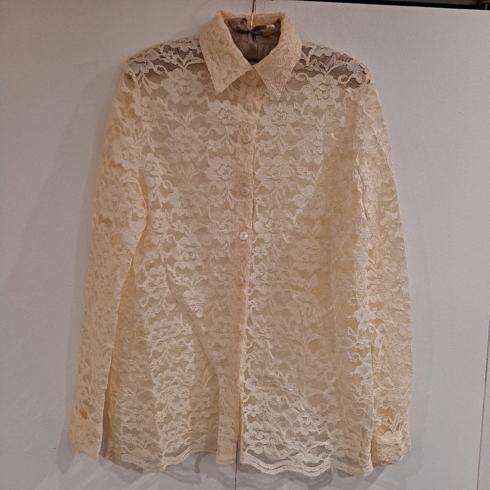 Allison Daley Beige Lace Floral Sheer Top Sz 14 NWOT